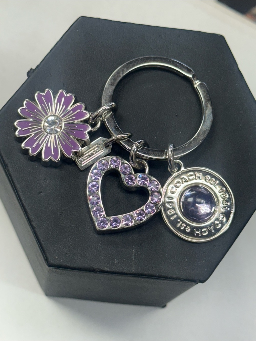Coach Purple Charm Keychain Daisy Heart Crystal Silver Tone Key Ring